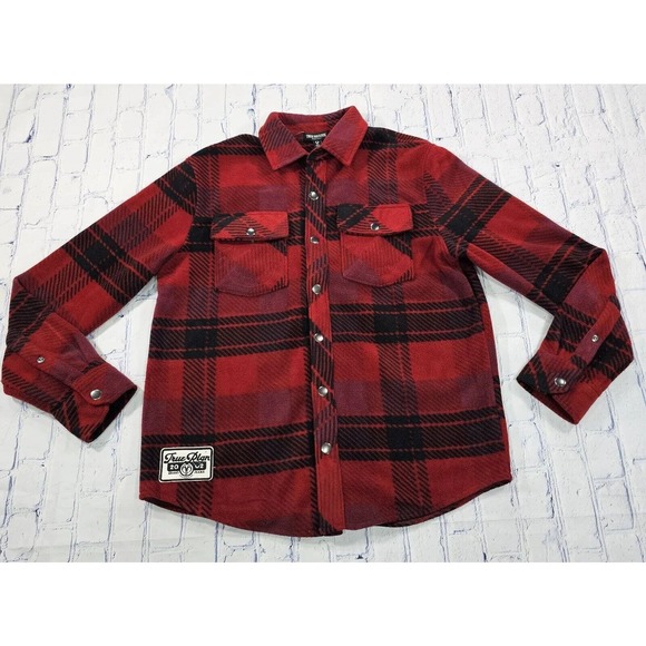 TRUE RELIGION Red Black Polar Fleece Shacket Snap Buttons MENS SIZE SMALL - Picture 1 of 13